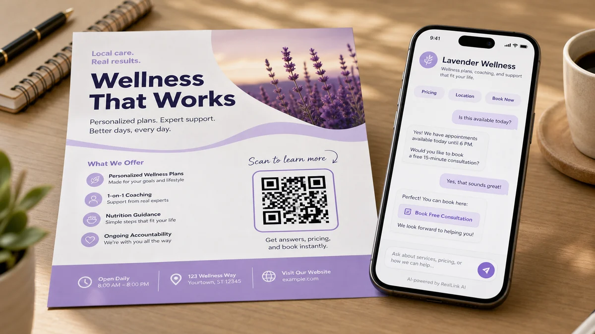 Flyer with a QR code opening a speech-bubble AI answer page on a phone