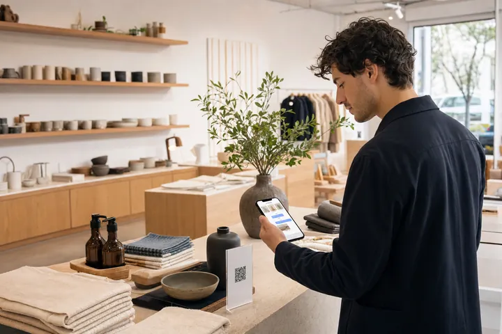 A shopper using an AI web catalog beside products in a modern independent showroom