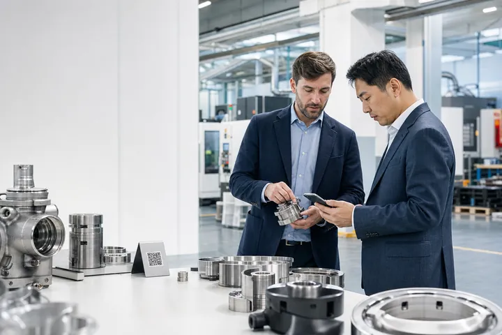 An international manufacturing buyer and engineer reviewing precision products with a QR catalog