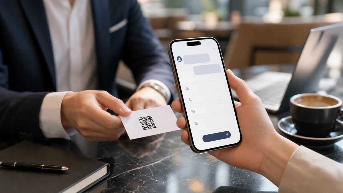 A business card QR flow leading from customer questions to an inquiry
