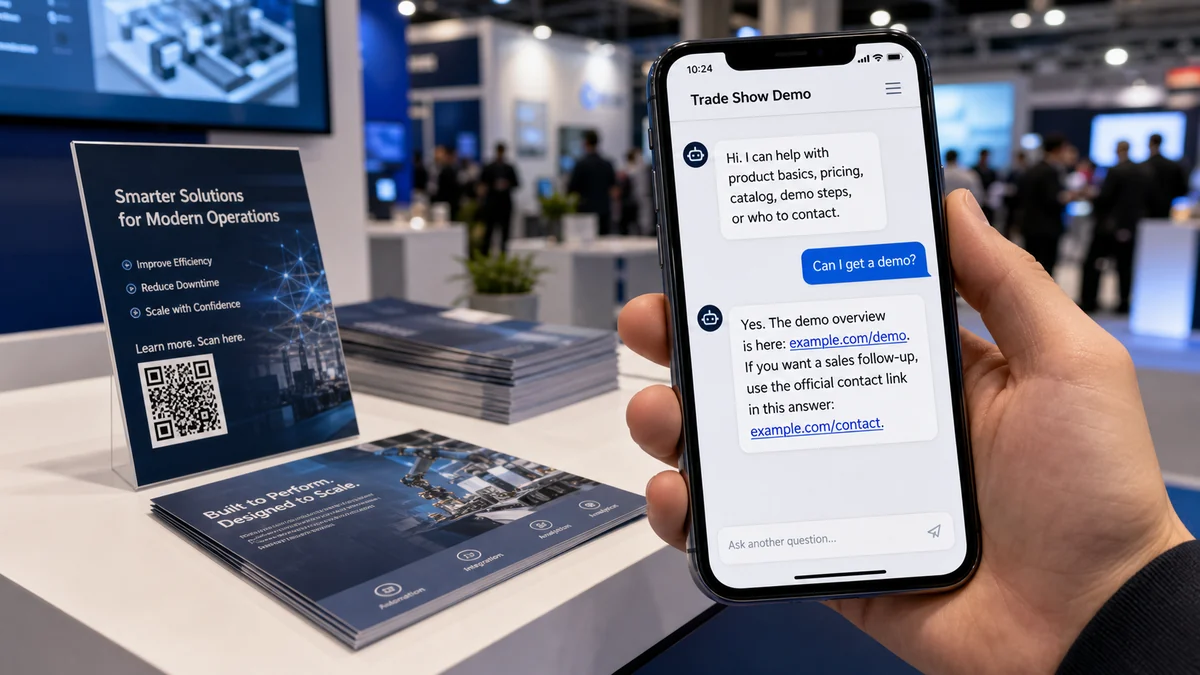 a realistic trade show flyer with a QR code and a phone showing demo and pricing questions