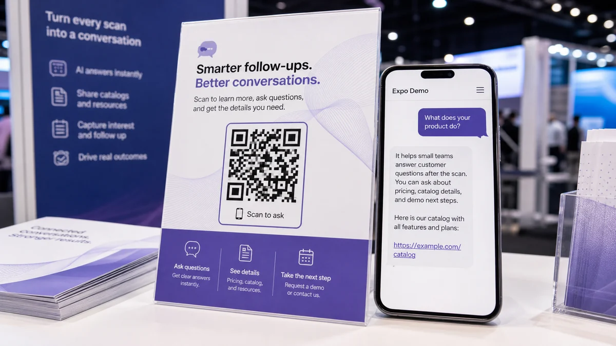 a realistic trade show booth flyer with a QR code and a phone showing an AI answer page