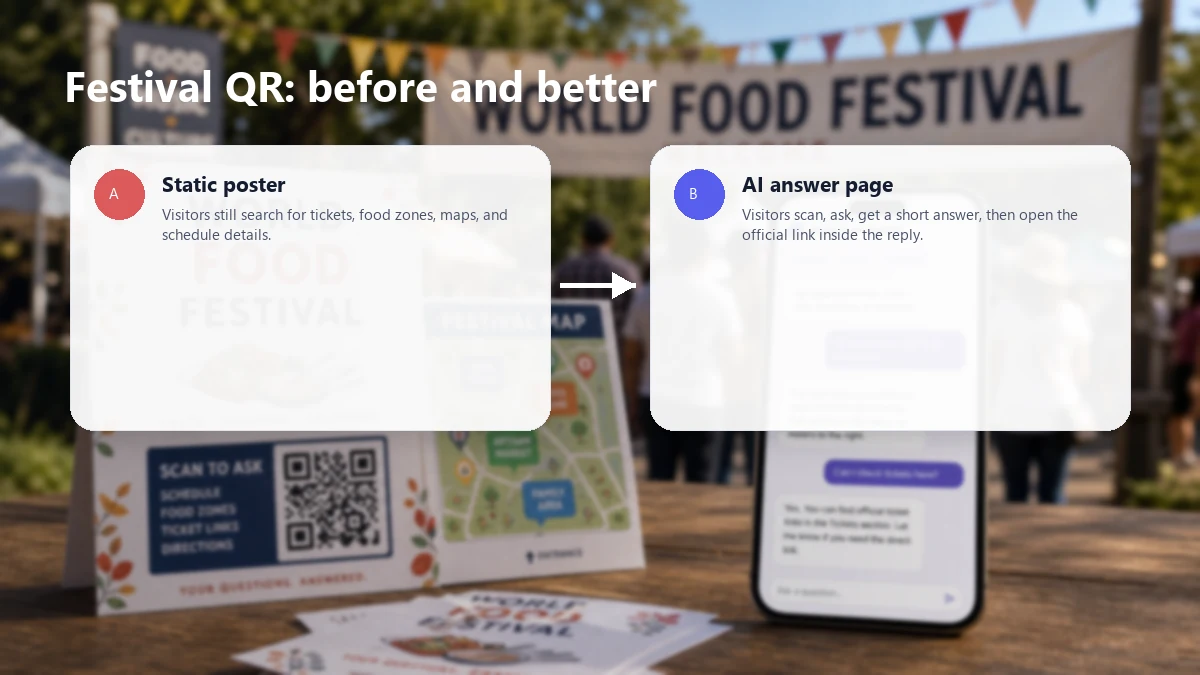a comparison showing a static festival poster versus an AI answer page for visitor questions