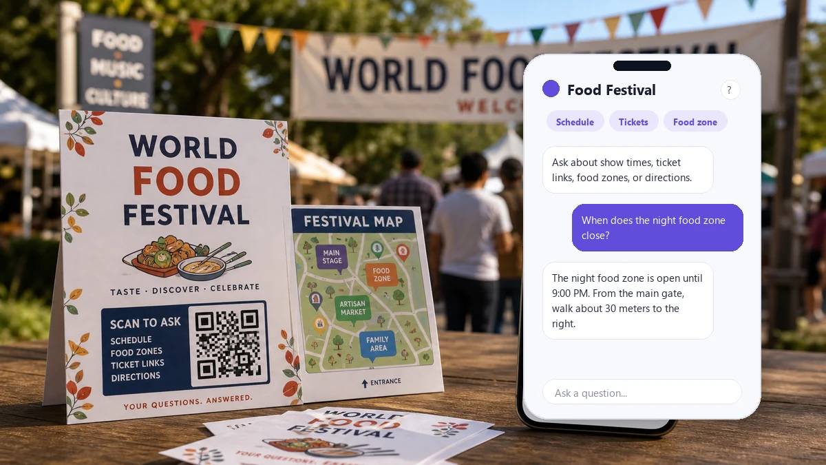a festival flyer with a QR code beside a phone showing food zone and ticket questions