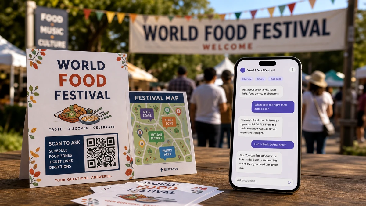 A festival sign with a QR code opening visitor information