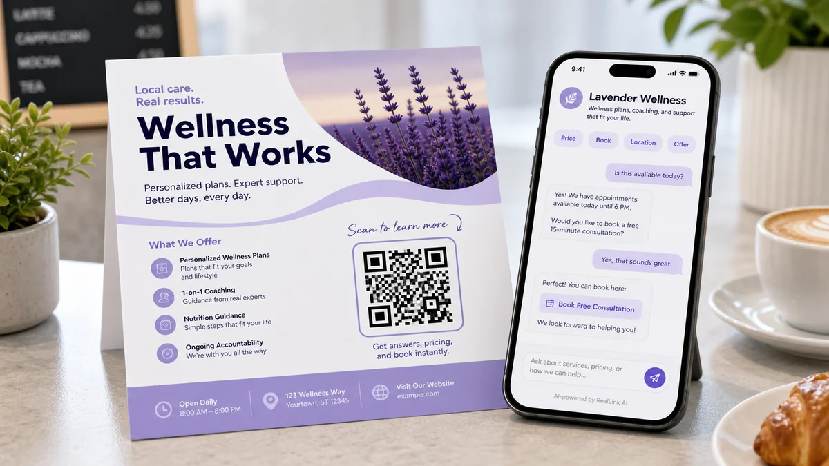 a realistic flyer or brochure with a QR code that opens an AI answer page on a phone