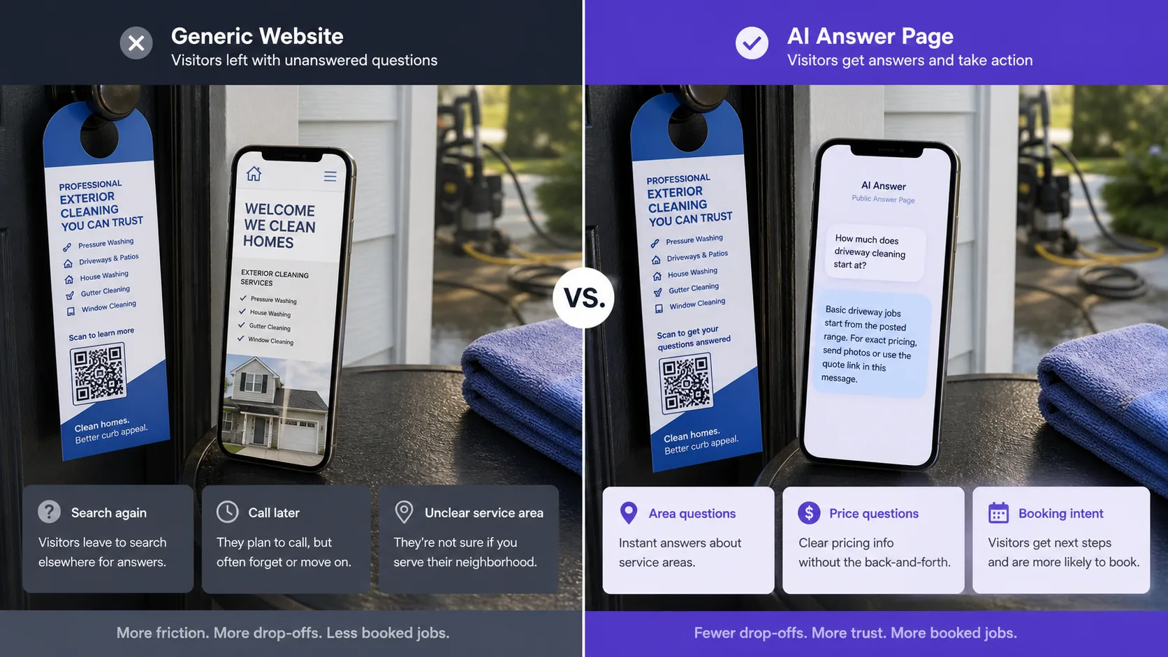 a comparison showing a generic home service flyer versus an AI answer page for customer questions