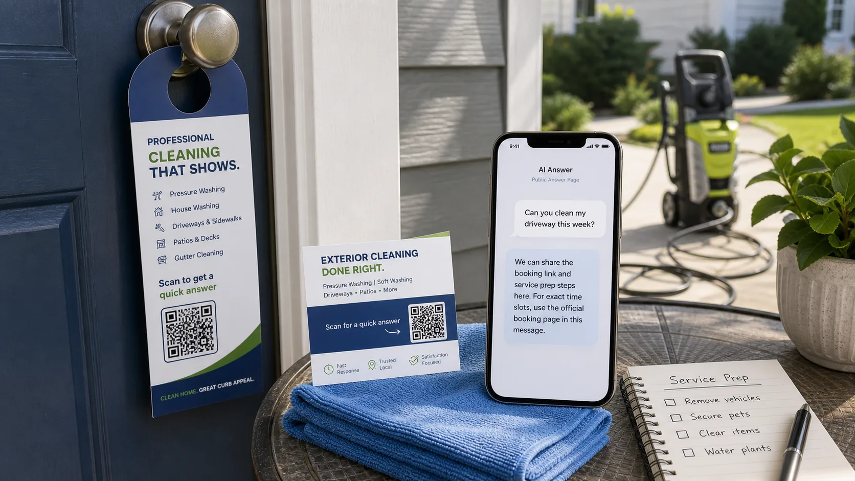 a home service door hanger with a QR code and a phone showing driveway cleaning questions