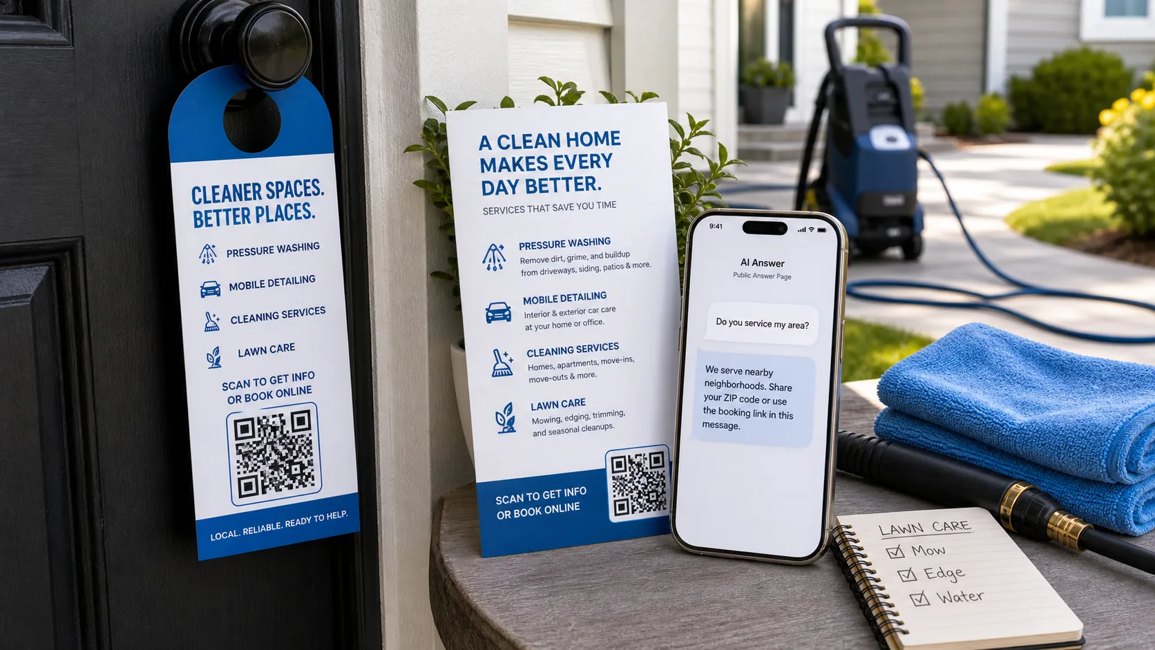 a home service flyer and door hanger with a QR code beside a phone showing service area questions