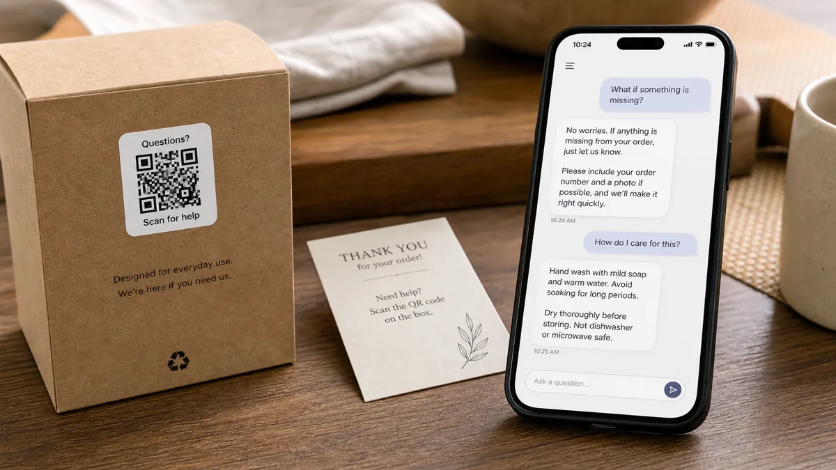 product packaging with a QR code that opens setup, care, reorder, and support answers on a phone