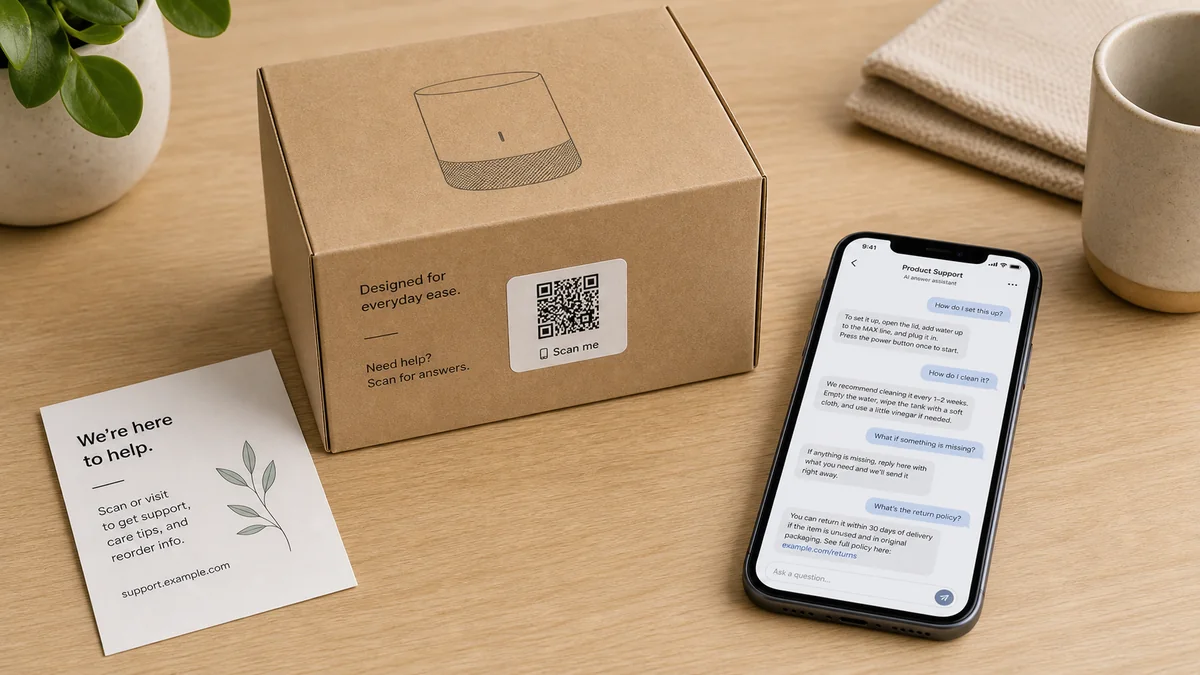 product packaging with a QR code that opens setup, care, reorder, and support answers on a phone