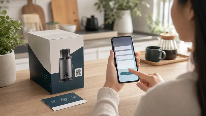 A product packaging QR flow leading to a support inquiry