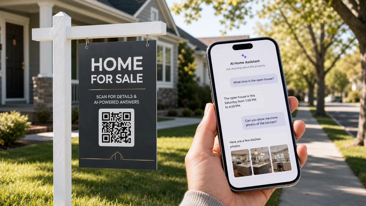 a real estate yard sign with a QR code and a phone showing open house and photo questions