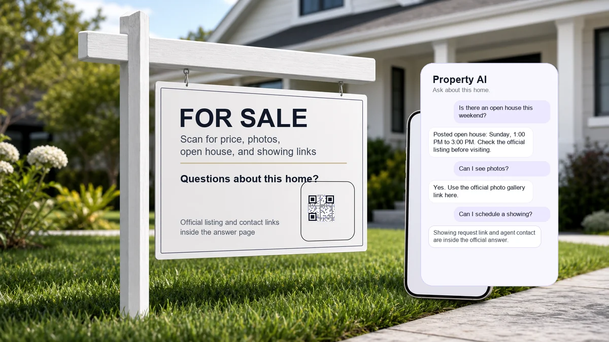a real estate yard sign with a QR code and a phone showing property questions