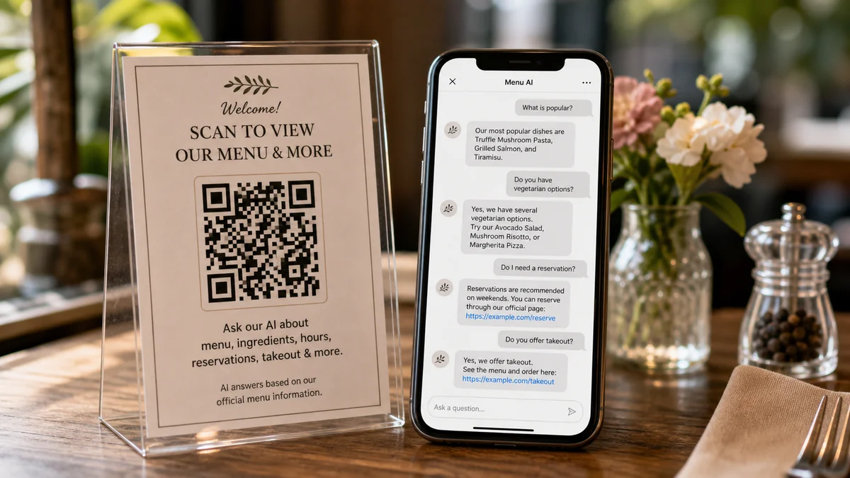a restaurant menu QR code beside a phone showing vegetarian and takeout questions