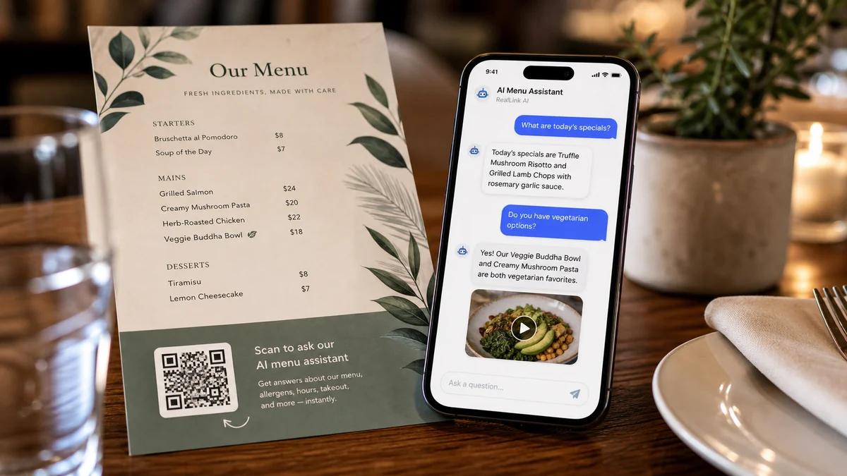 a restaurant menu QR code beside a phone showing menu, hours, reservation, and specials questions