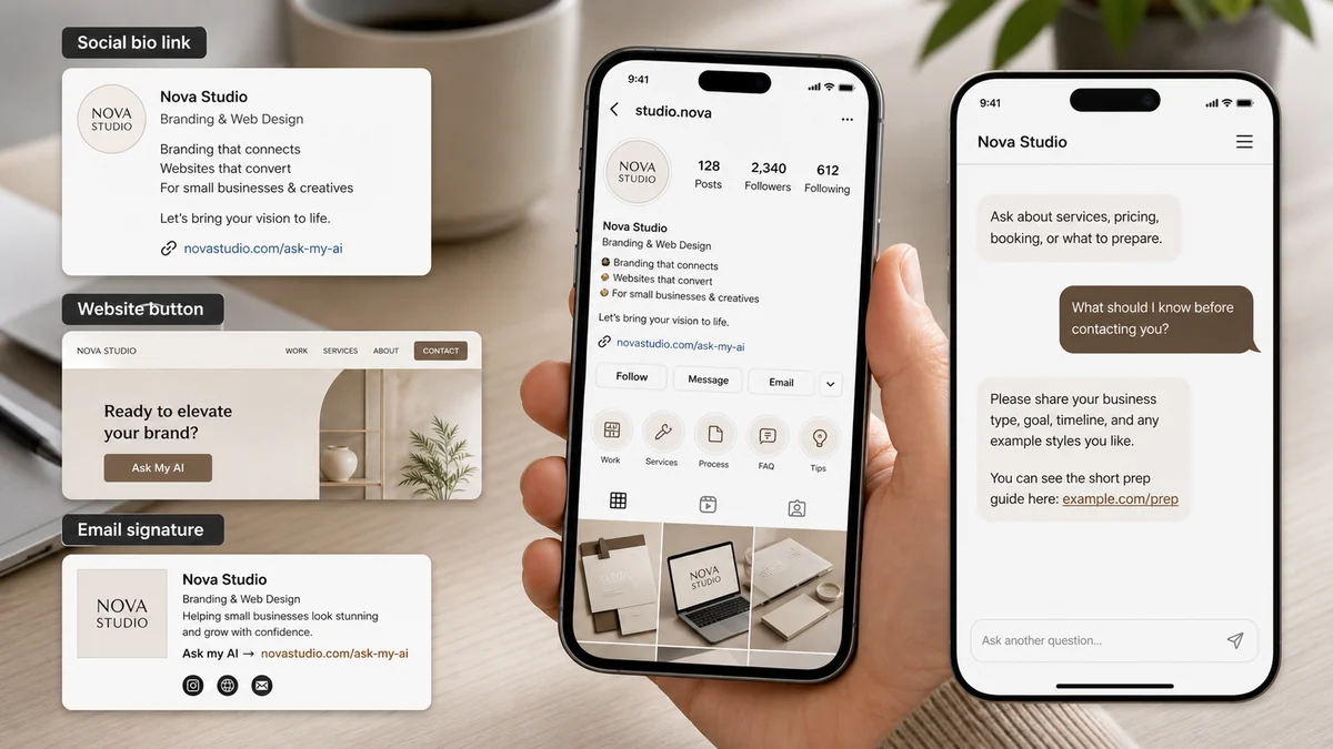 a social bio or website button that opens a public AI answer link on a phone