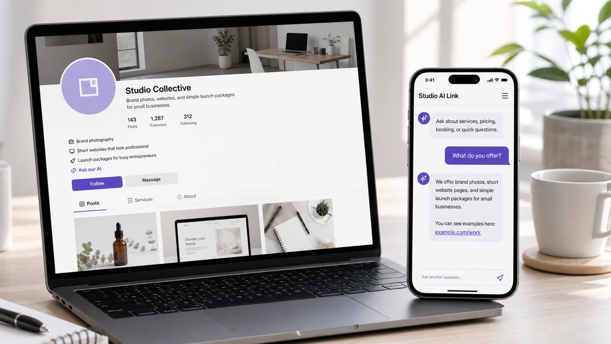 a social bio and website button that open a public AI answer link on a phone