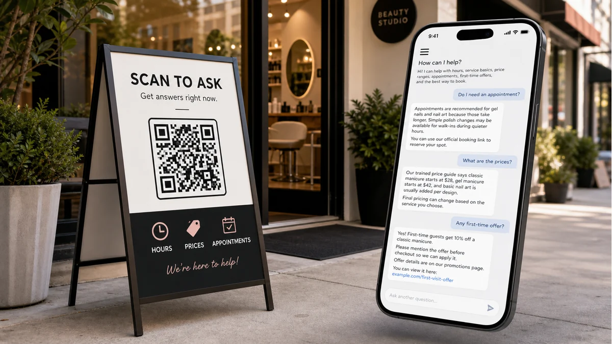 a storefront A-frame sign with a QR code and a phone showing hours, prices, and booking questions