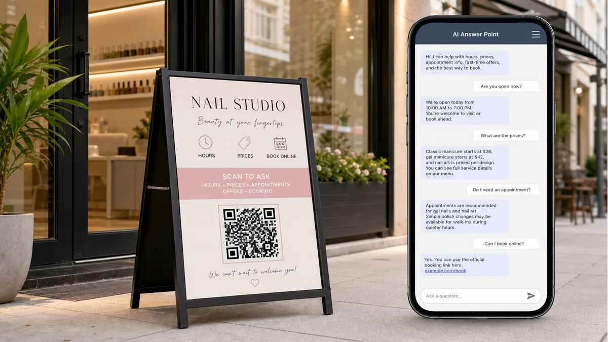 a storefront A-frame sign with a QR code and a phone showing hours, prices, and booking questions