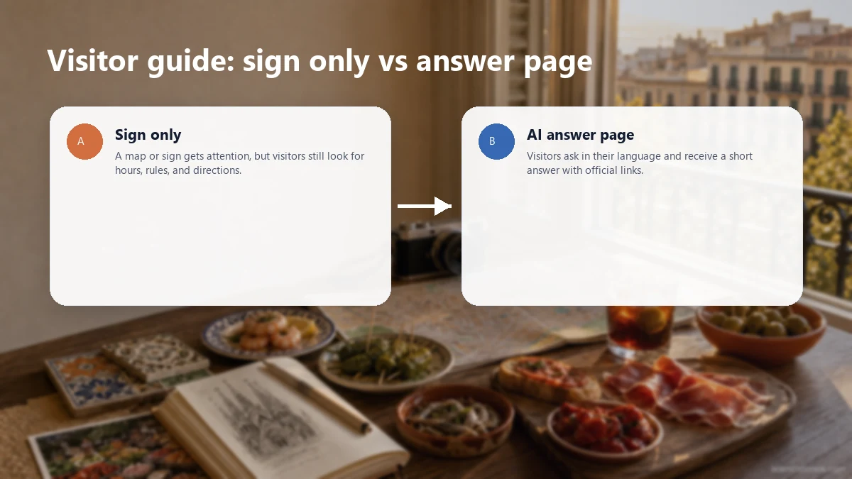 a comparison showing a static tourist attraction sign versus an AI answer page for visitor questions