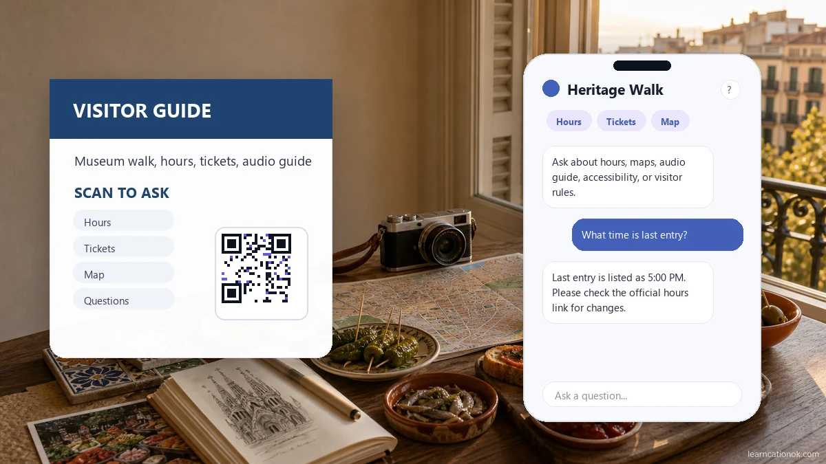 A visitor information sign with a QR code opening attraction answers